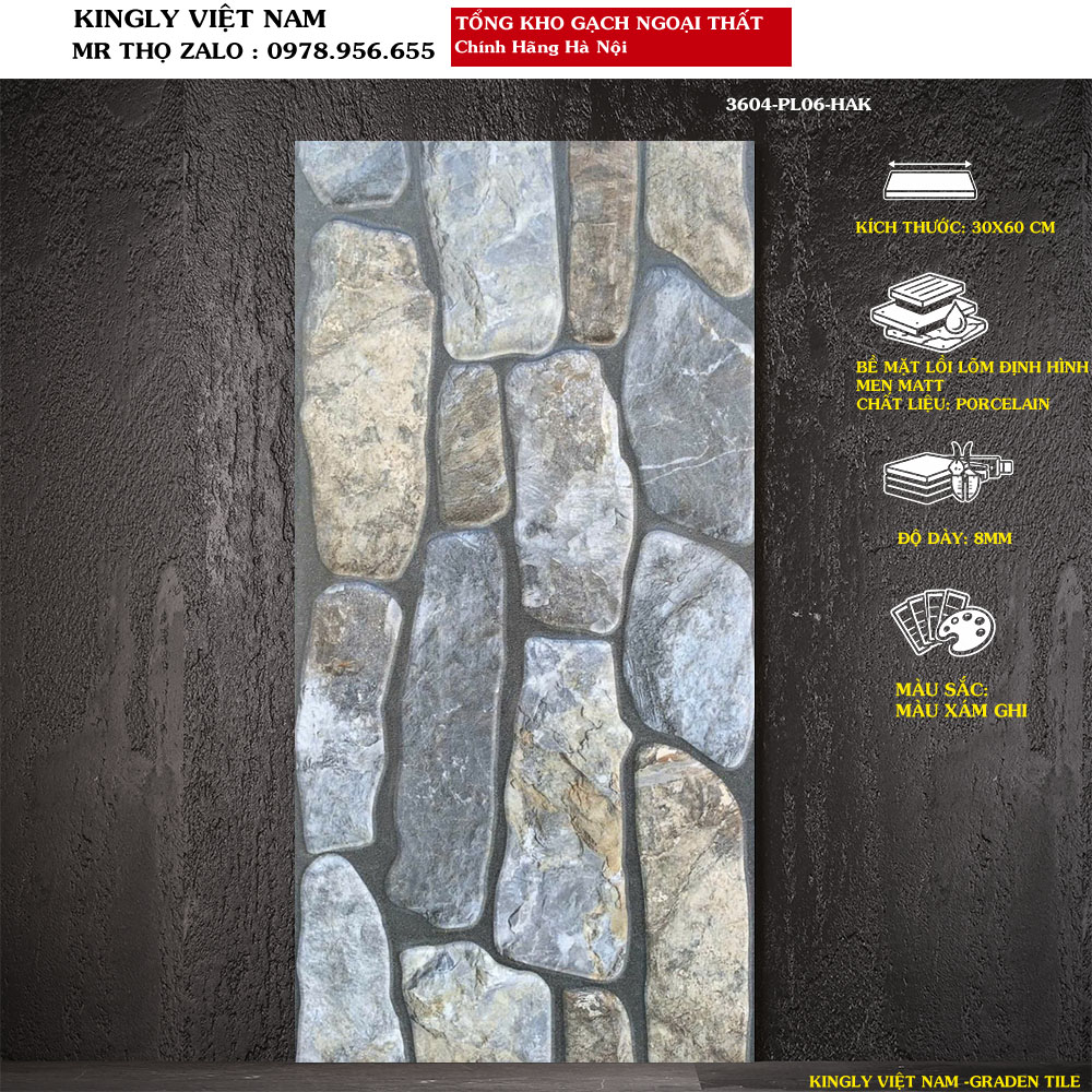 Gạch ốp tường ngoài trời giả đá 30x60 3604-PL06